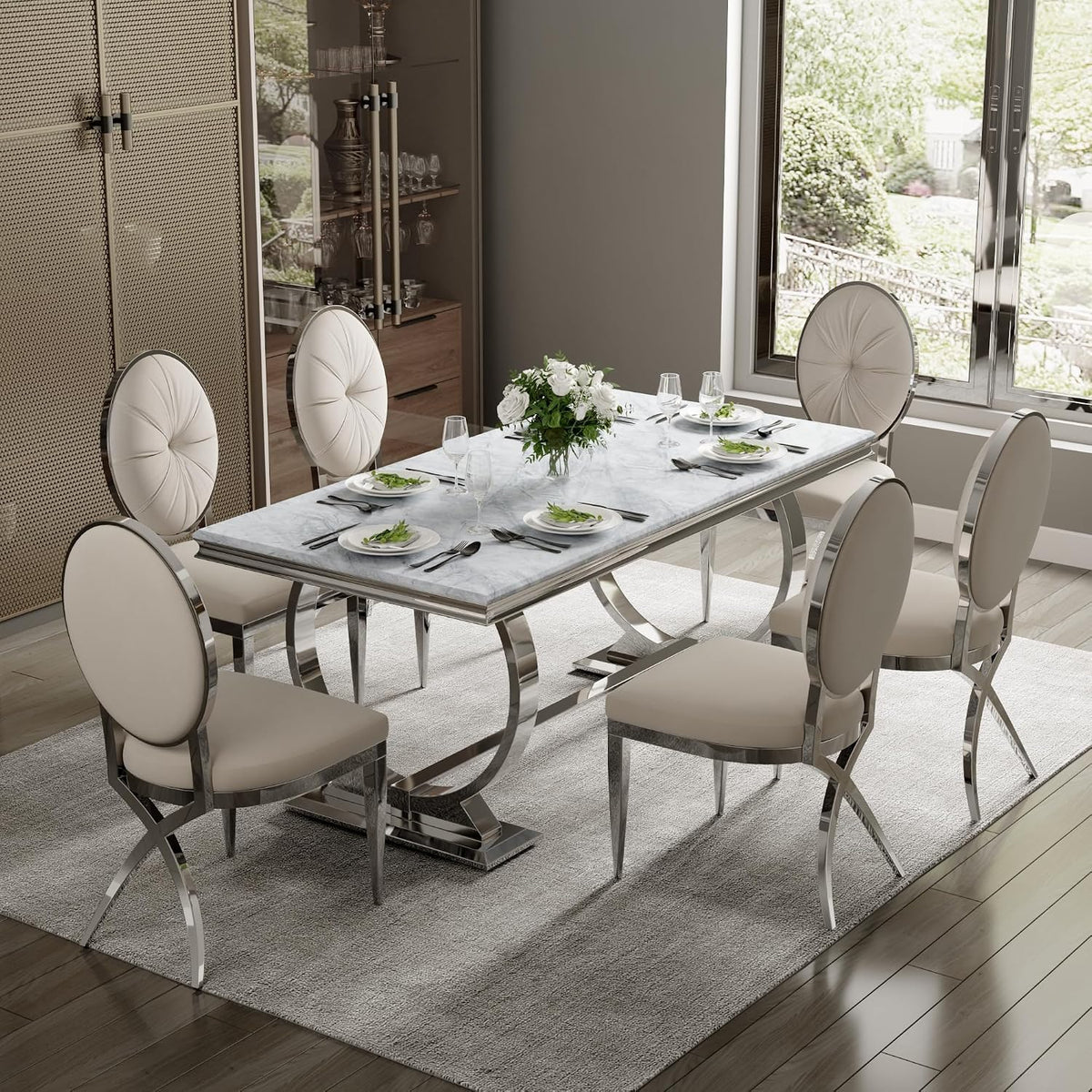 Dining Table, 70" Rectangular Modern Kitchen and Dining Room Table with Silver U-Base in Grey Silver