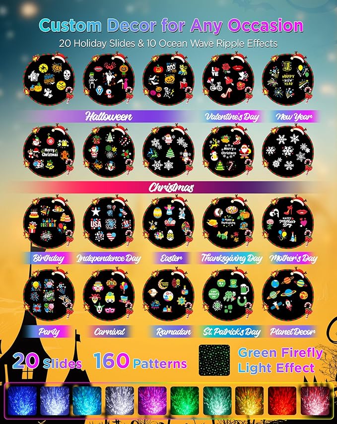 Halloween Christmas Projector Lights Outdoor, 8 Brighter HD Holiday Patterns with Firefly & Ocean Wave Effects, 20 Slides, Waterproof Snowflake Projector with Timer for House Garden Yard Xmas New Year