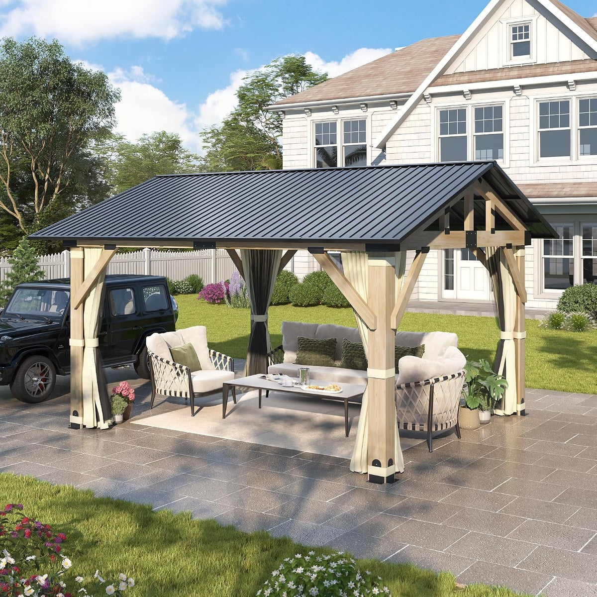 11'x13' Wood Gazebo, Outdoor Hardtop Gazebo, Cedar Frame Wooden Gazebos with Waterproof Steel Roof, Fit Patio, Backyard, Garden, Lawns, Porch (Curtains & Netting Included)