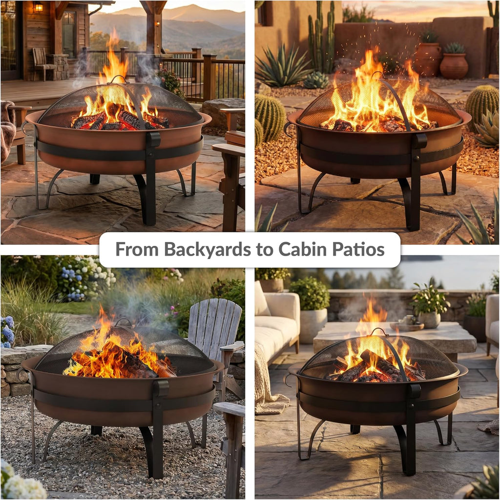 Sunnydaze Round Patio Fire Pit for Outside Wood Burning, Dark Bronze, 34"