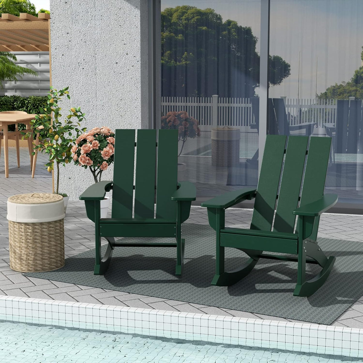 WestinTrends Ashore Patio Rocking Chairs Set of 4, All Weather Poly Lumber Plank Adirondack Rocker Chair, Modern, Dark Green