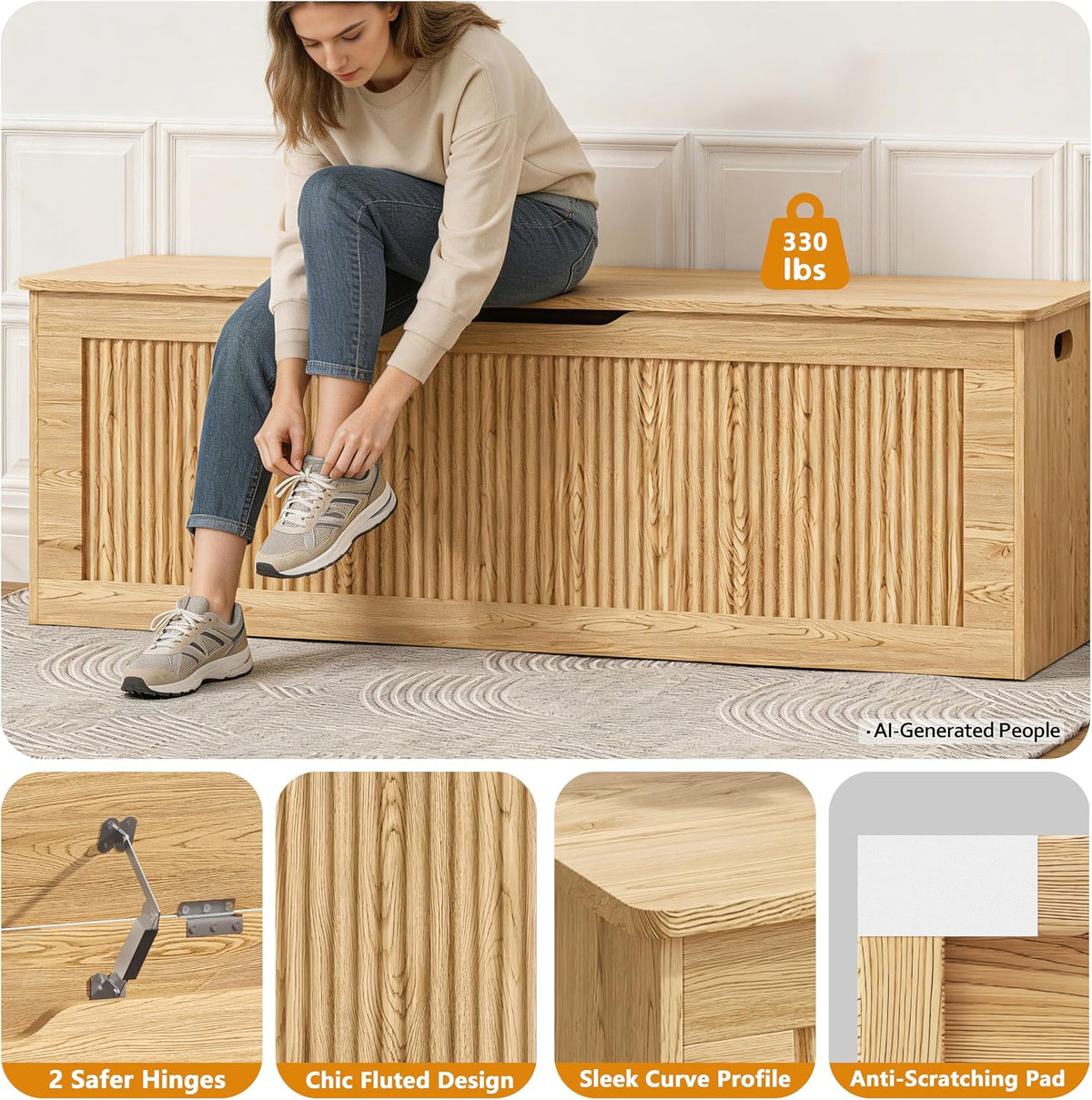 Akxomel 51.2" Fluted Storage Chest Wooden Storage Trunk 2 Safety Hinges Oak