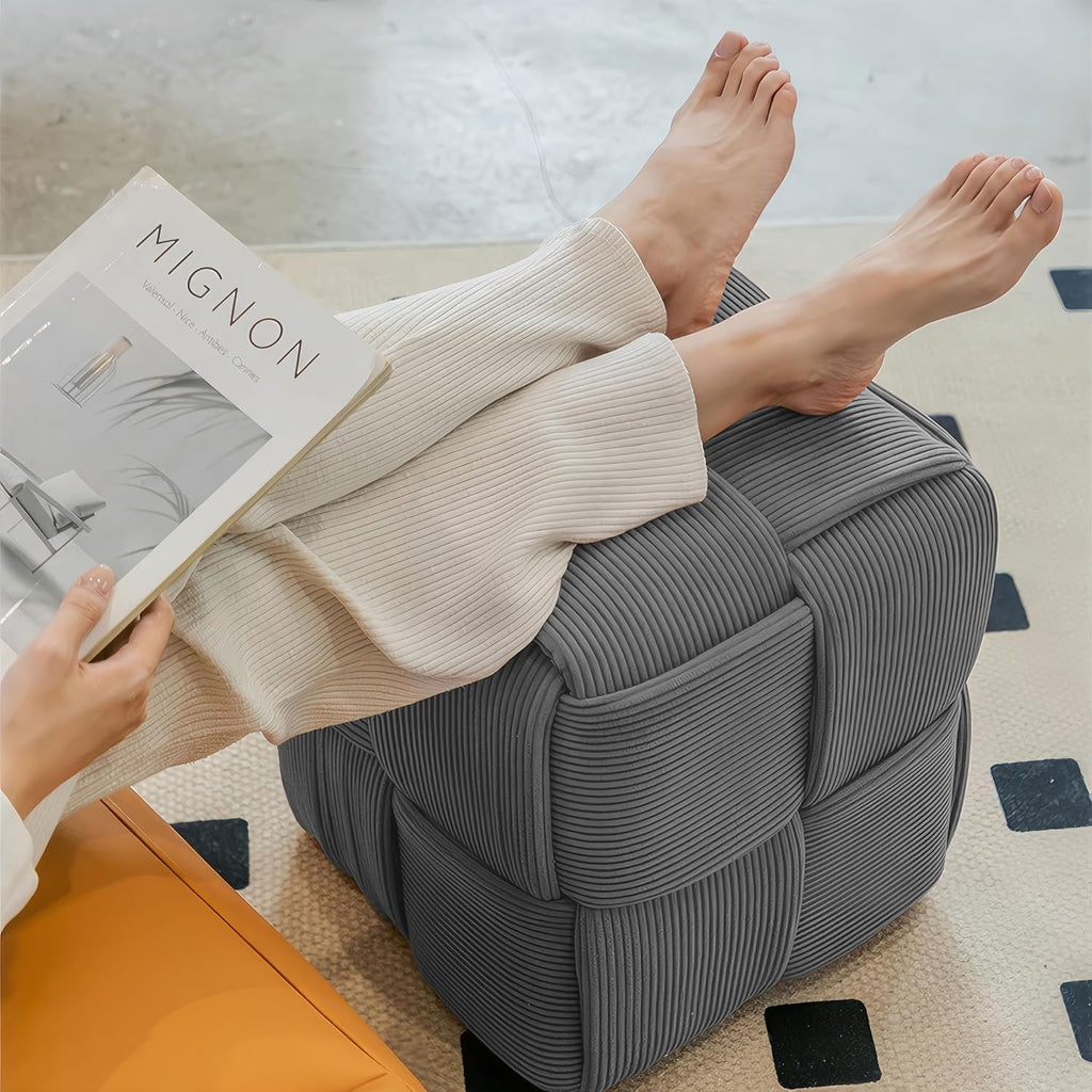 Cmishe 15" Square Woven Corduroy Ottoman Footrest - Modern Vanity Stool for Living Room & Entryway, Eco-Friendly Wood Frame, No Assembly (Grey)