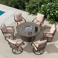 7 Piece Metal Outdoor Patio Furniture Set with 48"/55000 BTU Round Fire Pit Table,Outdoor Dining Table Set 6 Swivel Chairs No-Slip Cushions and Waterproof Covers,Sand