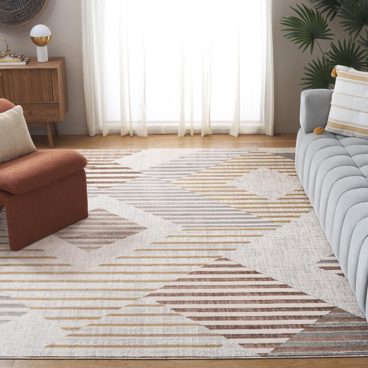 SAFAVIEH Palma Collection Area Rug - 9' x 12', Beige & Light Grey, Mid-Century Modern Geometric Stripe Design, Non-Shedding & Easy Care, Ideal for High Traffic Areas in Living Room, Bedroom (PAM328A)
