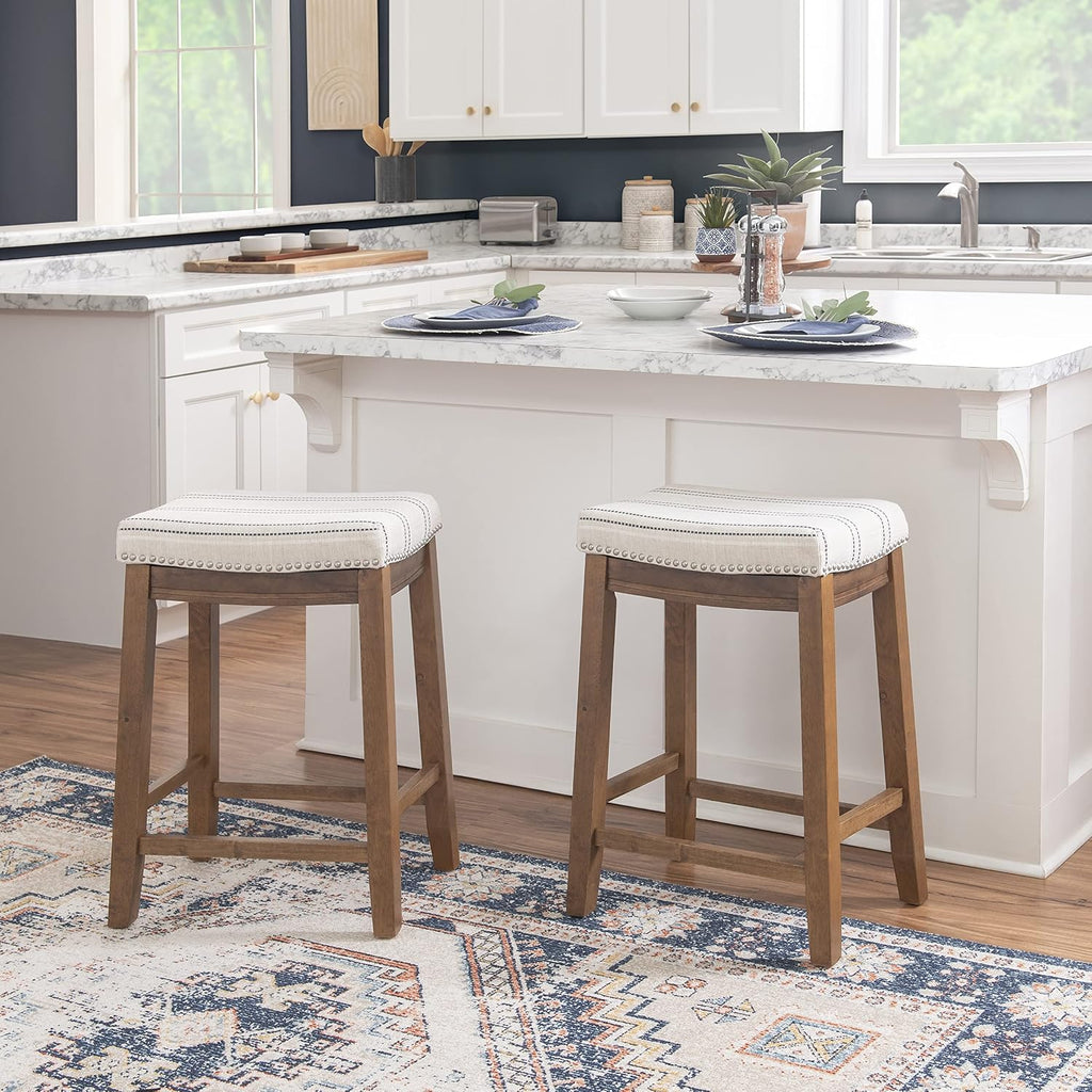 Linon Kingston Natural Wood with Upholstered Linen seat 24 Inch Seat Height Backless Counter Stool