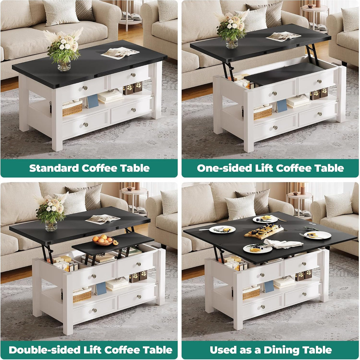 YITAHOME 4-in-1 Lift Top Convertible Coffee Table with Drawers, Black Top