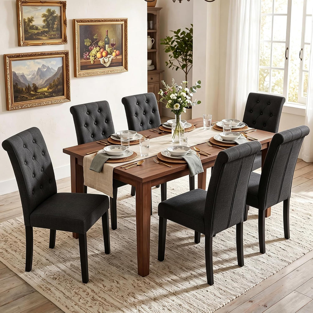 LSSBOUGHT Set of 4 Modern Tufted Dining Chairs, Button Padded Fabric Chairs with Solid Wood Legs, Upholstered Armless Dining Side Chairs for Home Dining Room(Charcoal,No Table)