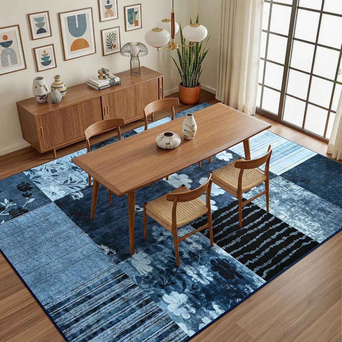 8'x10' Blue Floral Geometric Patchwork Area Rug