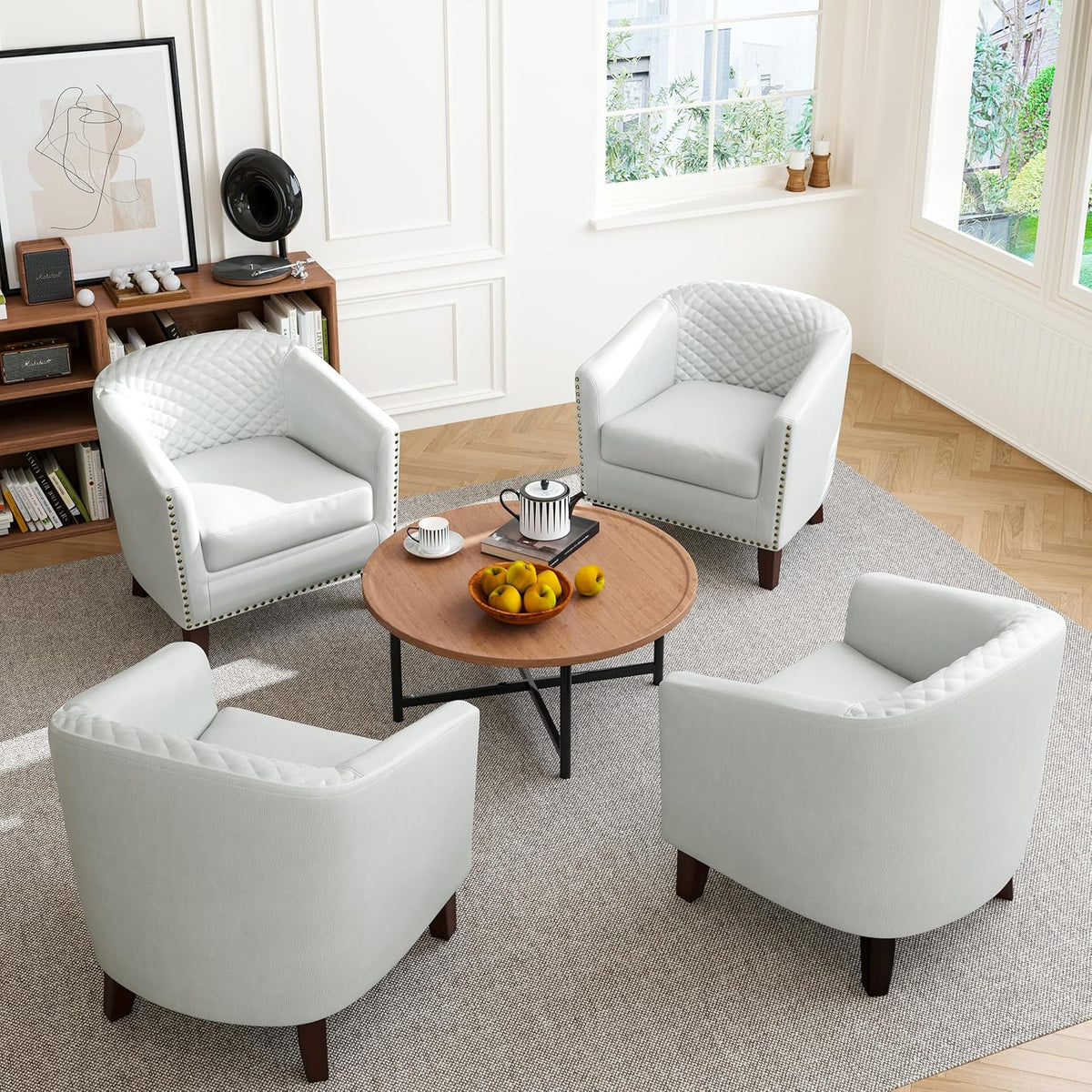 Faux Leather Barrel Accent Chair with Nailhead, White, Set of 2