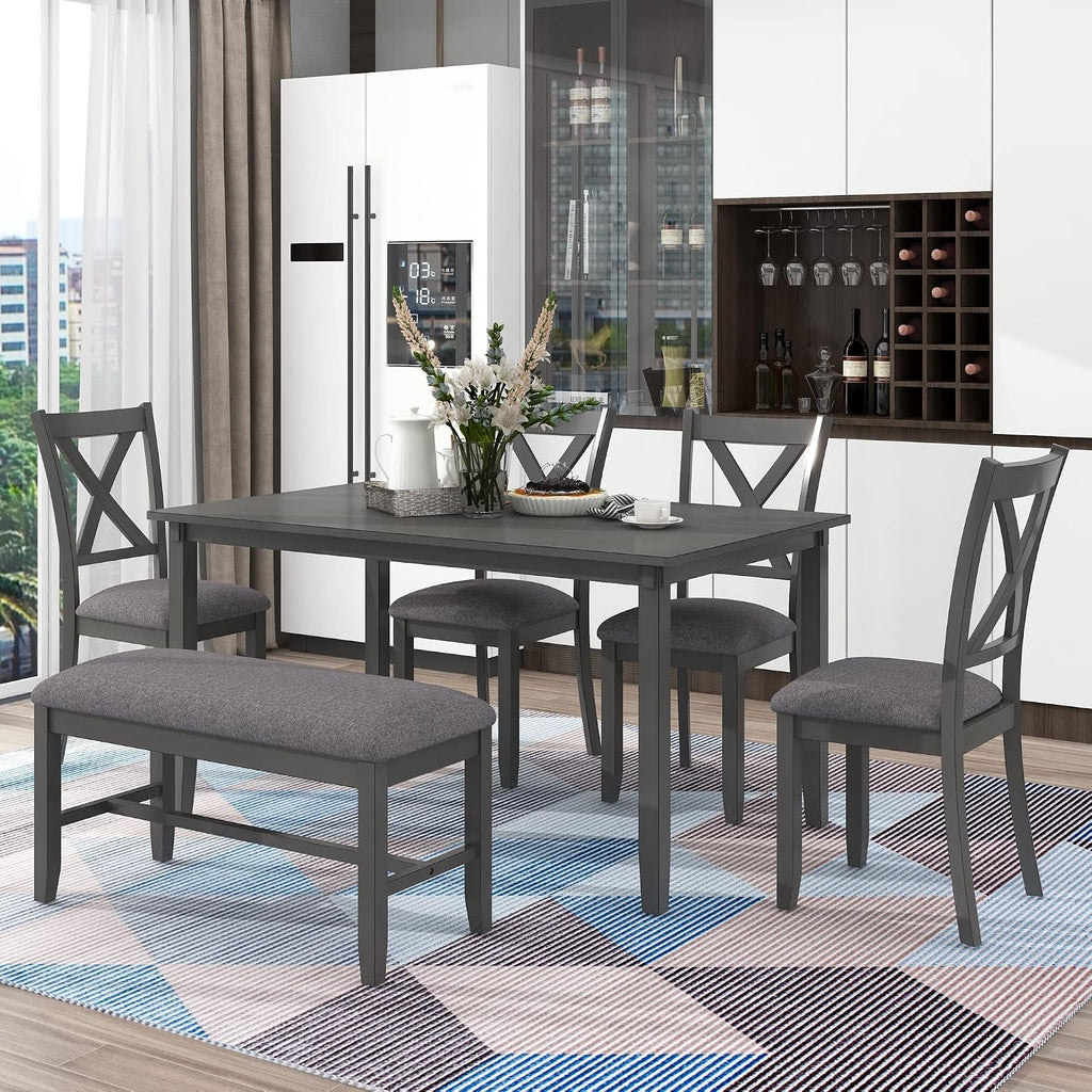 Merax 6-Piece Farmhouse Dining Table Set, 60" Solid Wood Rectangular Kitchen Table with 4 Upholstered Chairs & 1 Bench, Dining Room & Living Room Furniture, Gray