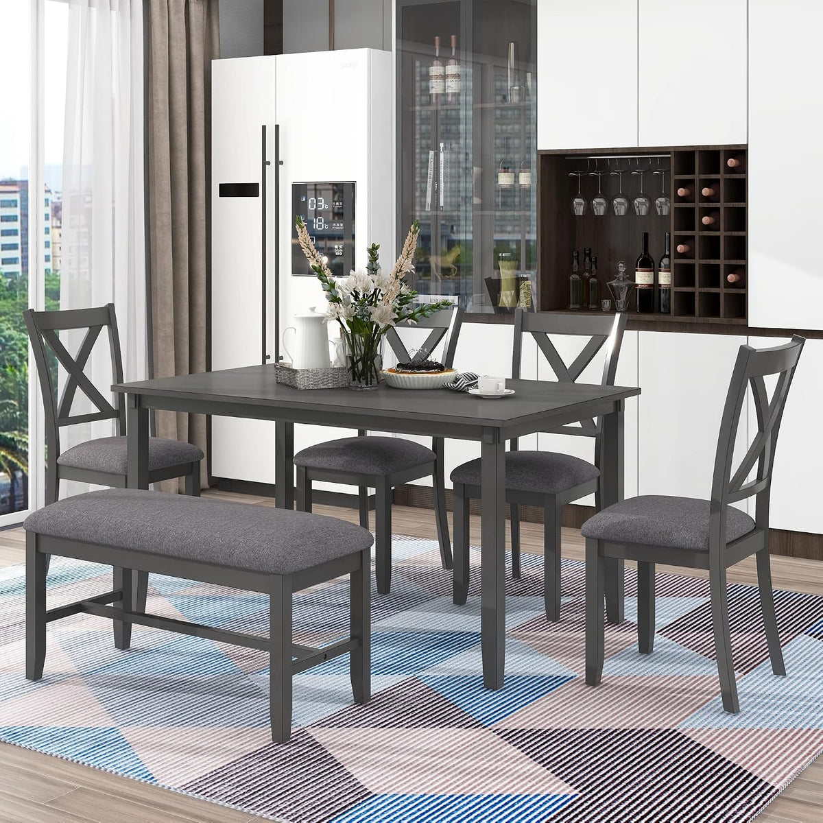 Merax 6-Piece Farmhouse Dining Table Set, 60" Solid Wood Rectangular Kitchen Table with 4 Upholstered Chairs & 1 Bench, Dining Room & Living Room Furniture, Gray