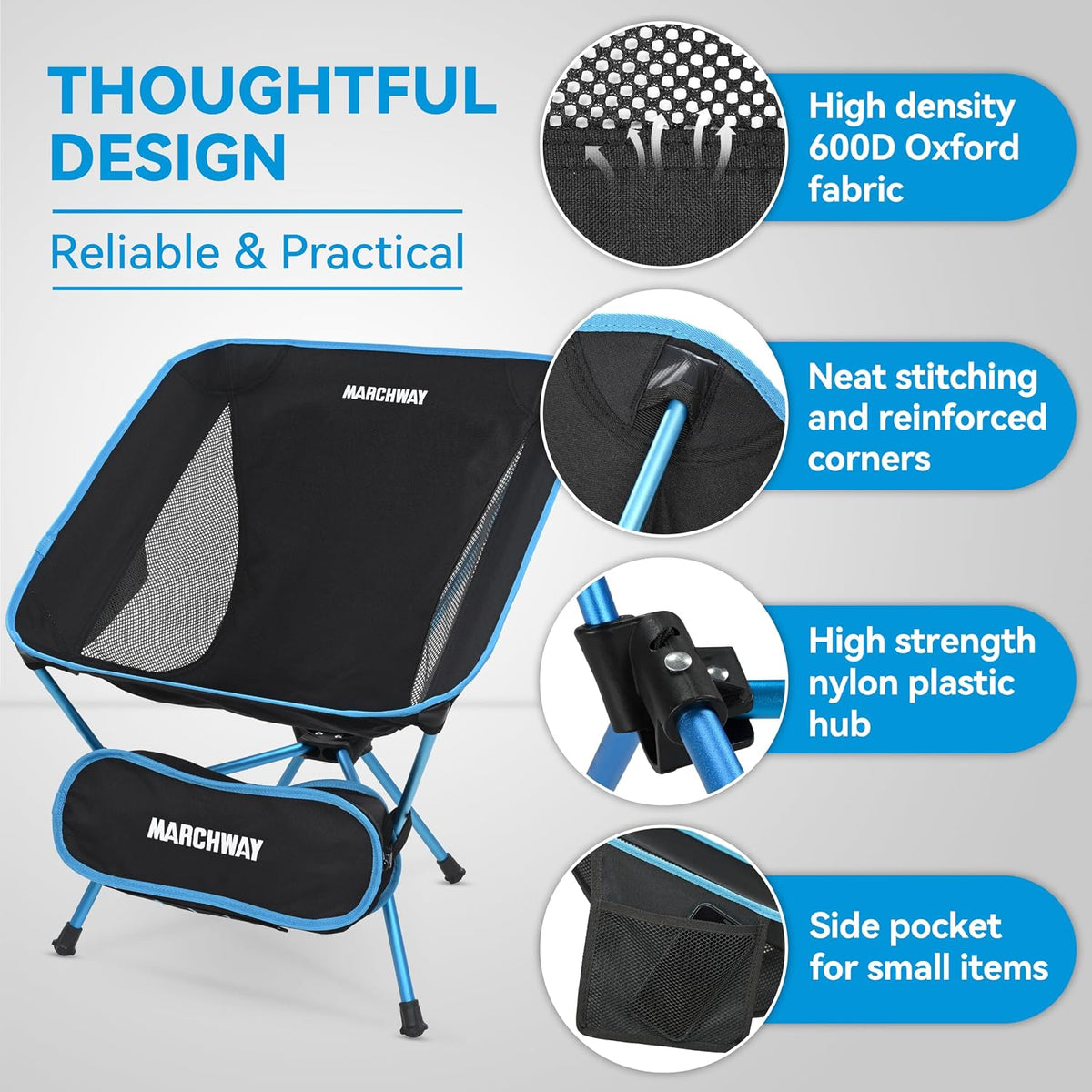 MARCHWAY Lightweight Folding Camping Chair, Portable Foldable Compact for Outdoor Camp, Travel, Beach, Picnic, Festival, Hiking, Backpacking, Supports 330Lbs (Blue)