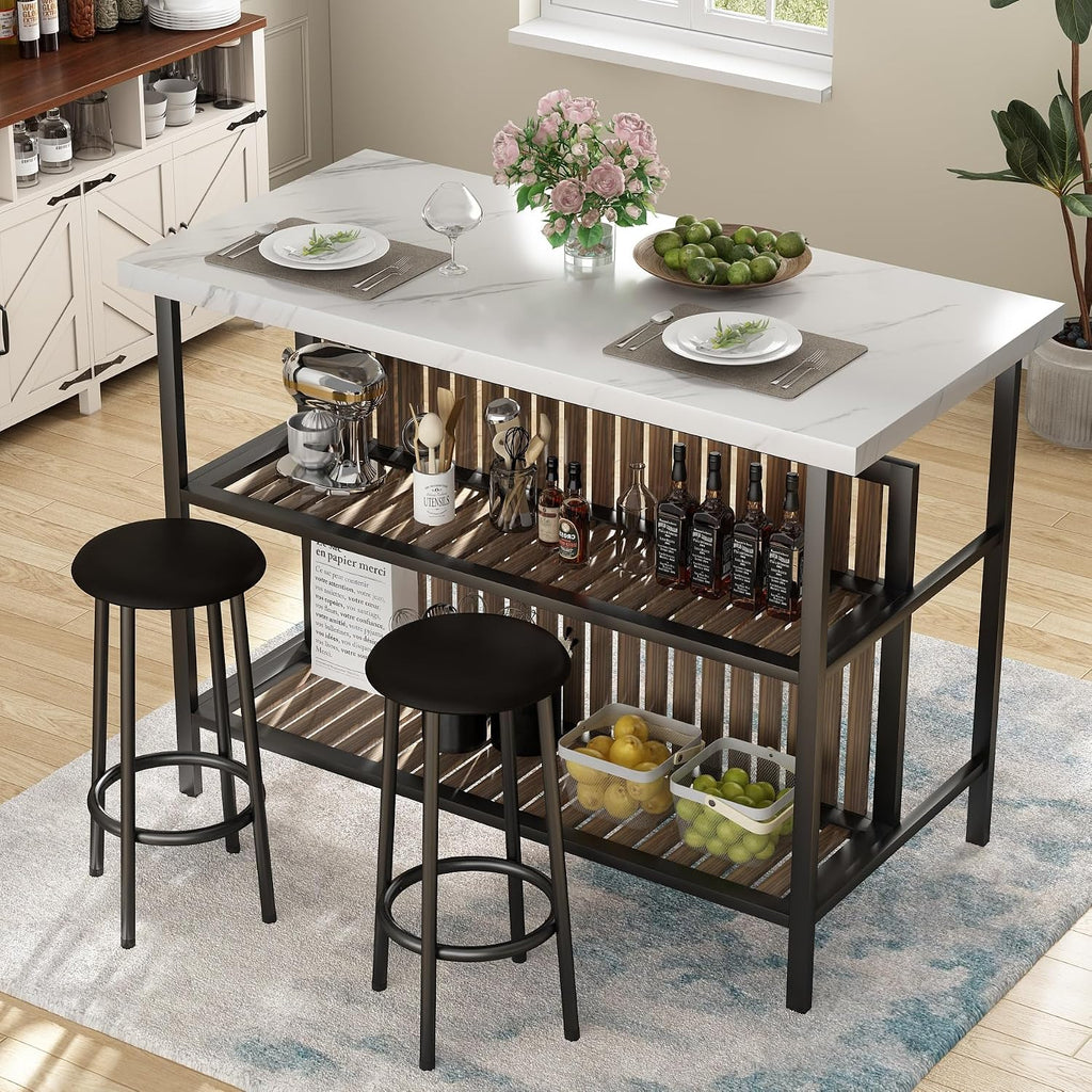 Kitchen Island with Seating & Storage, Bar Table and Chair Set, White