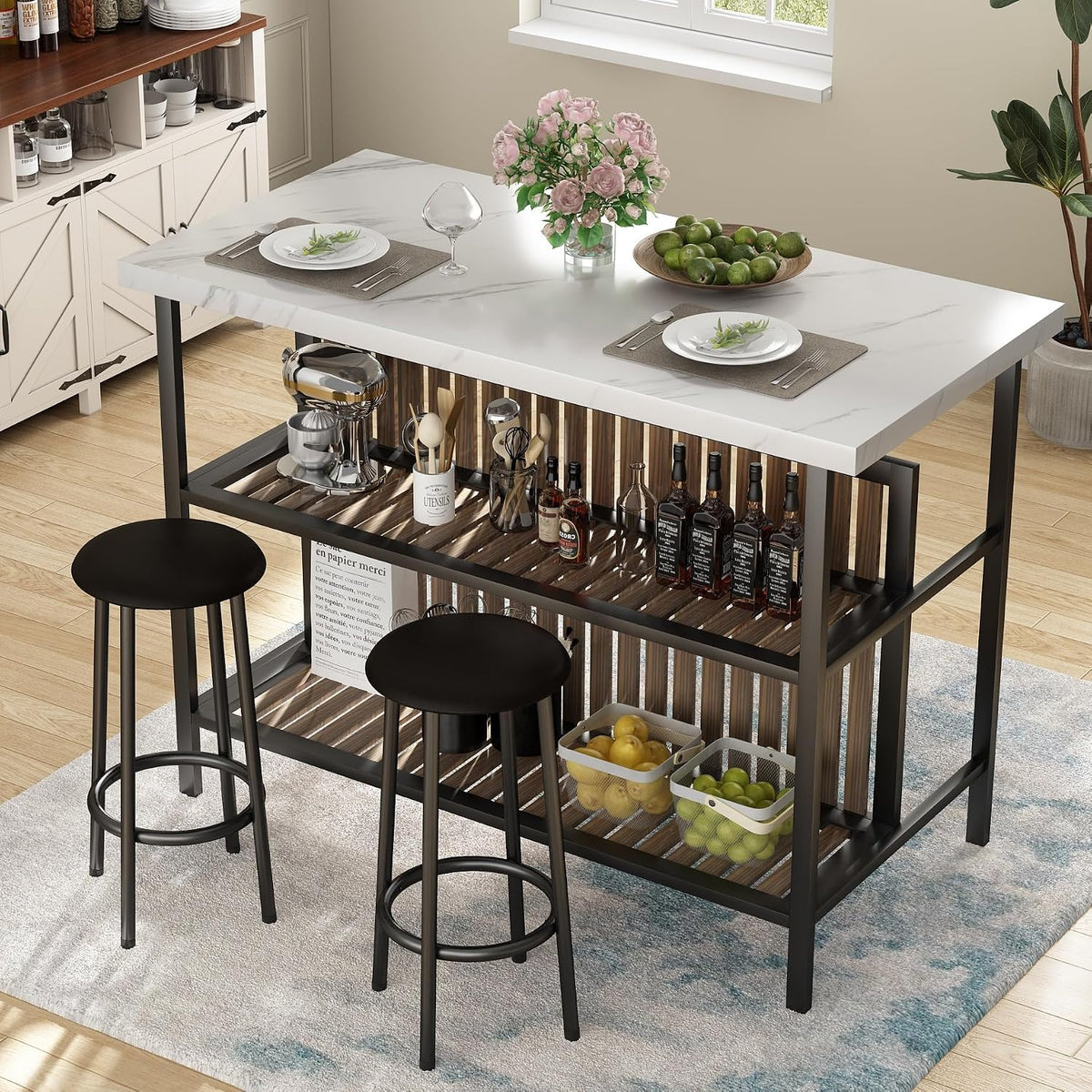 Kitchen Island with Seating & Storage, Bar Table and Chair Set, White