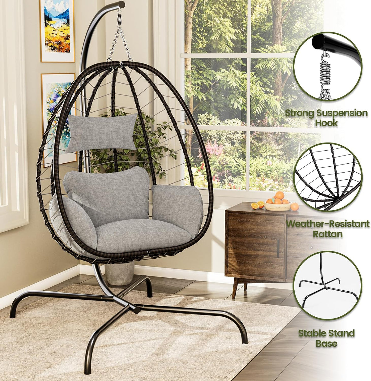 Kullavik Hanging Egg Chair Outdoor with Stand, Wicker Patio Swing Chair
