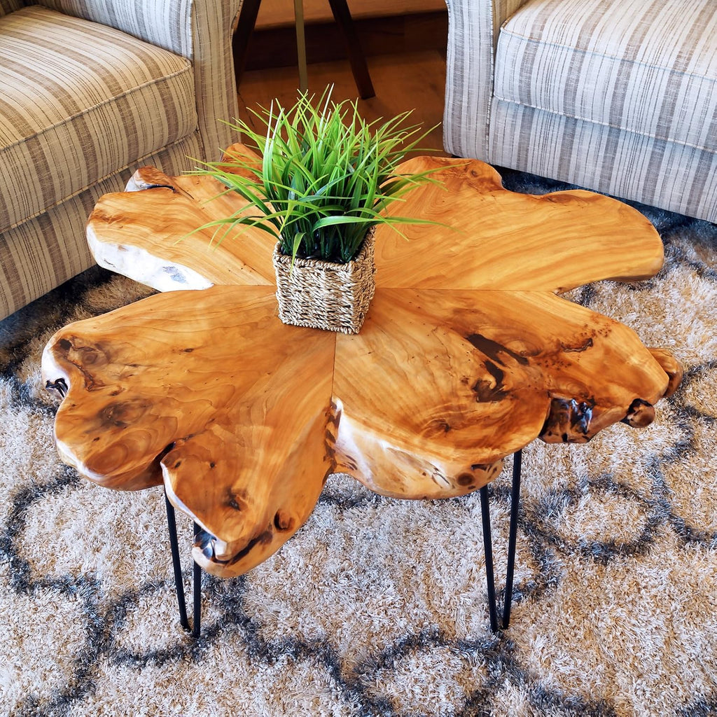WELLAND Flower-Shaped Live Edge Cedar Coffee Table 32" W x 32" D x 20.5" H