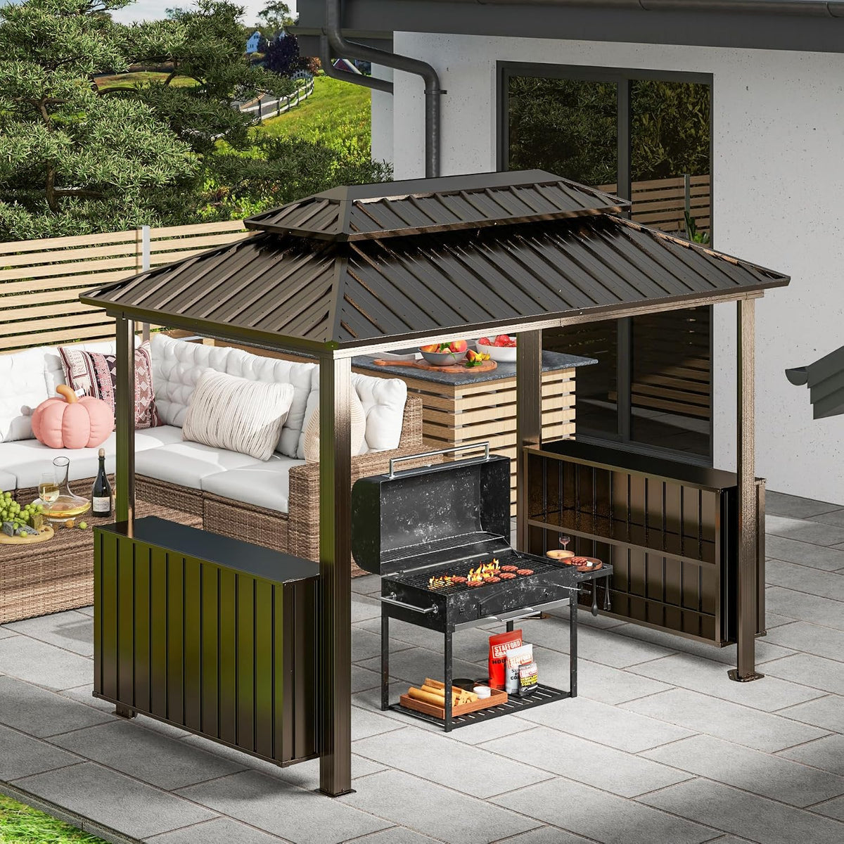 Domi 6x10FT Hardtop Grill Gazebo, BBQ Gazebo with Double Galvanized Steel Roof, 2 Storage Cabinets and Ceiling Hooks, Outdoor Grill Shelter for Backyard, Lawn and Garden(Brown)
