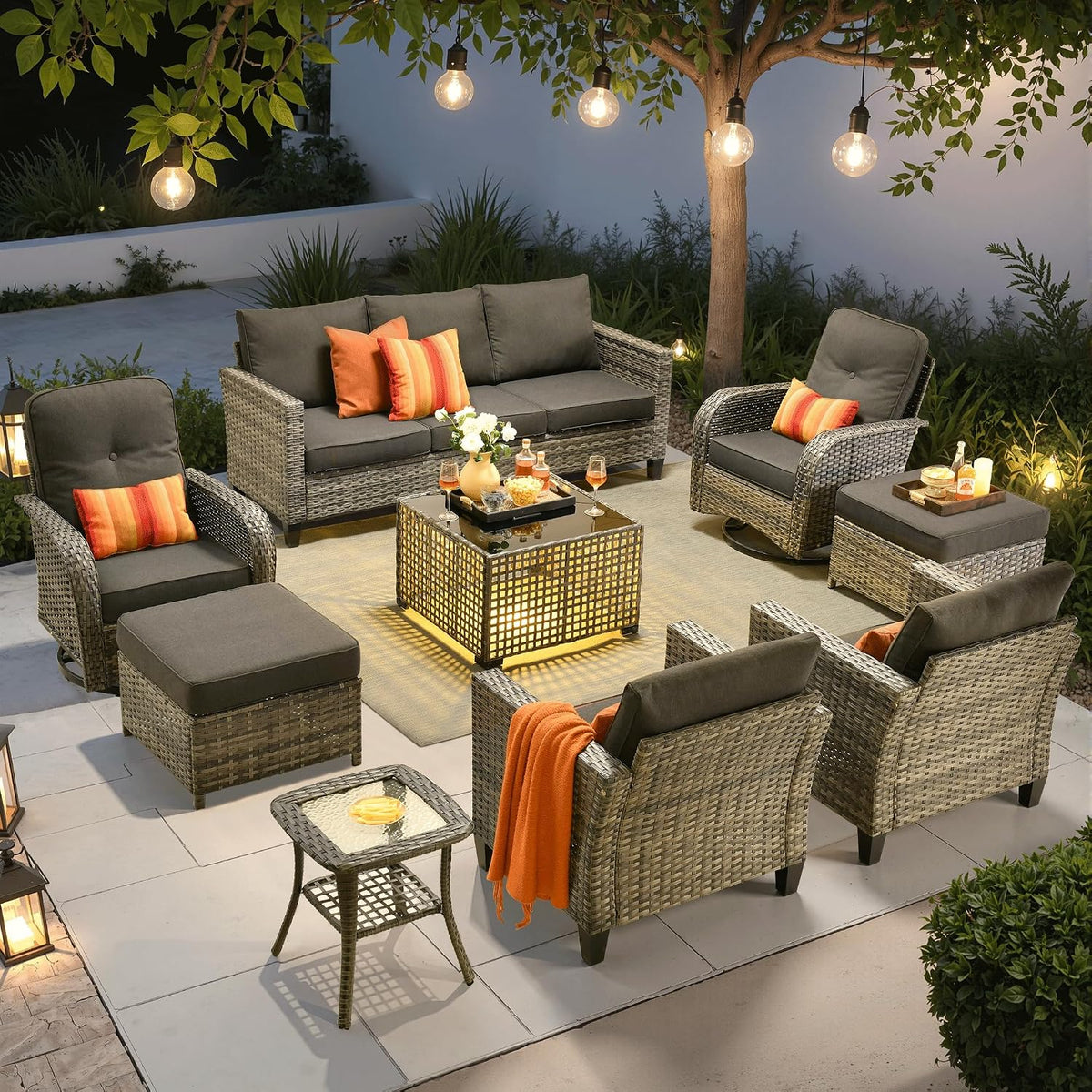 ovios 9 Pieces Patio Furniture Set, Outdoor Wicker Sofa Couch with Swivel Glider Chairs Solar Lights Table, Modern Deep Seat Rattan Conversation Sets for Deck Porch, Black