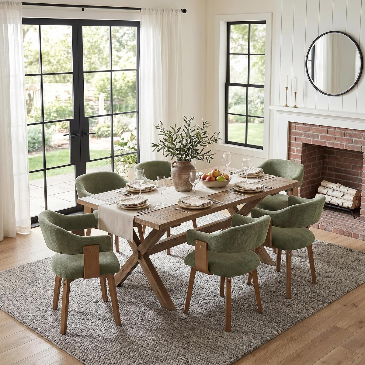 ROCITY Green Dining Chairs Set of 4 Upholstered Dining Room Chairs, Mid Century Modern Kitchen Chairs with Curved Backrest and Wooden Legs for Dining,Living Room