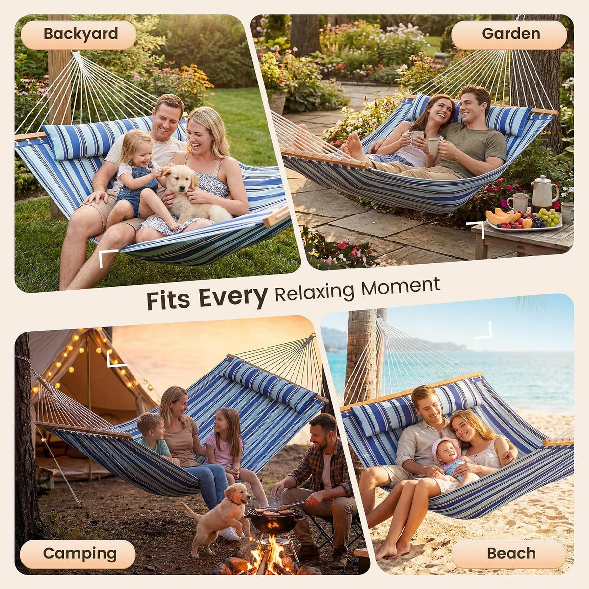 Everyfun 2 Person Quilted Hammock with Spreader Bar, 500lbs Capacity, Blue
