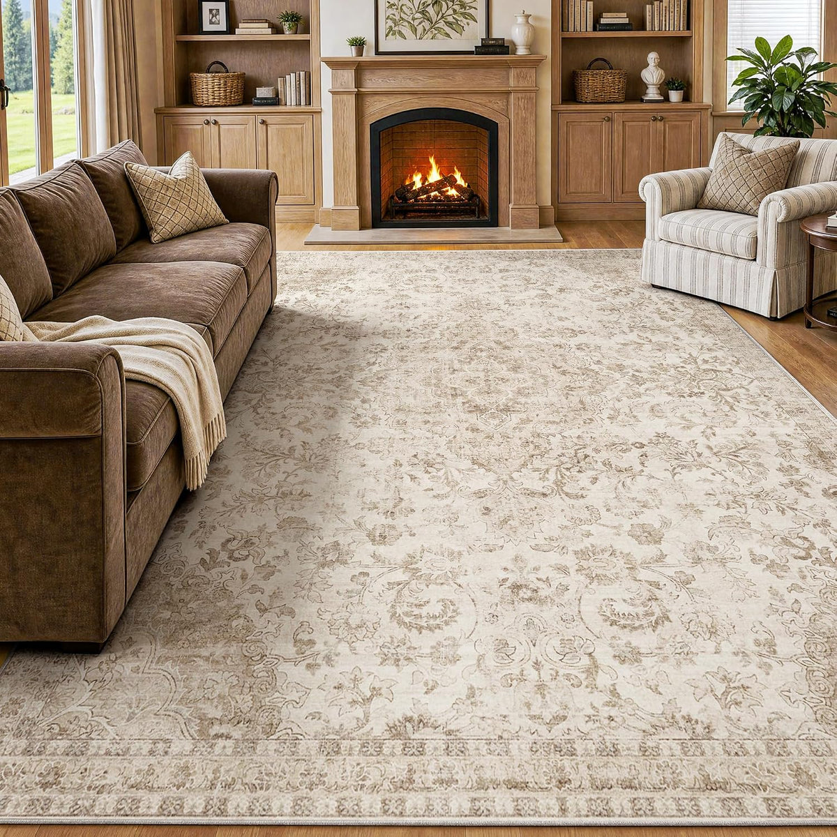 Beauoop 8x10 Washable Beige Neutral Vintage Oriental Area Rug for Bedroom