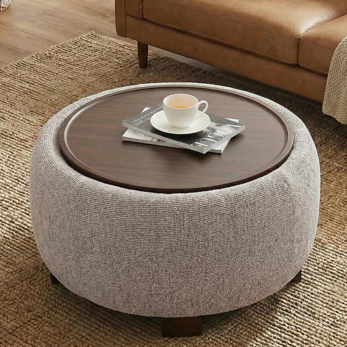 VKNOW 30 Inch Fabric Round Storage Ottoman with Wood Lift-Off Lid, Brown