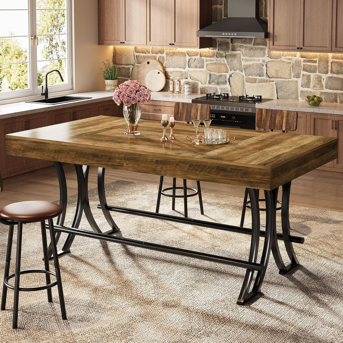 tribesigns 63" counter height bar table with metal showing dimensions