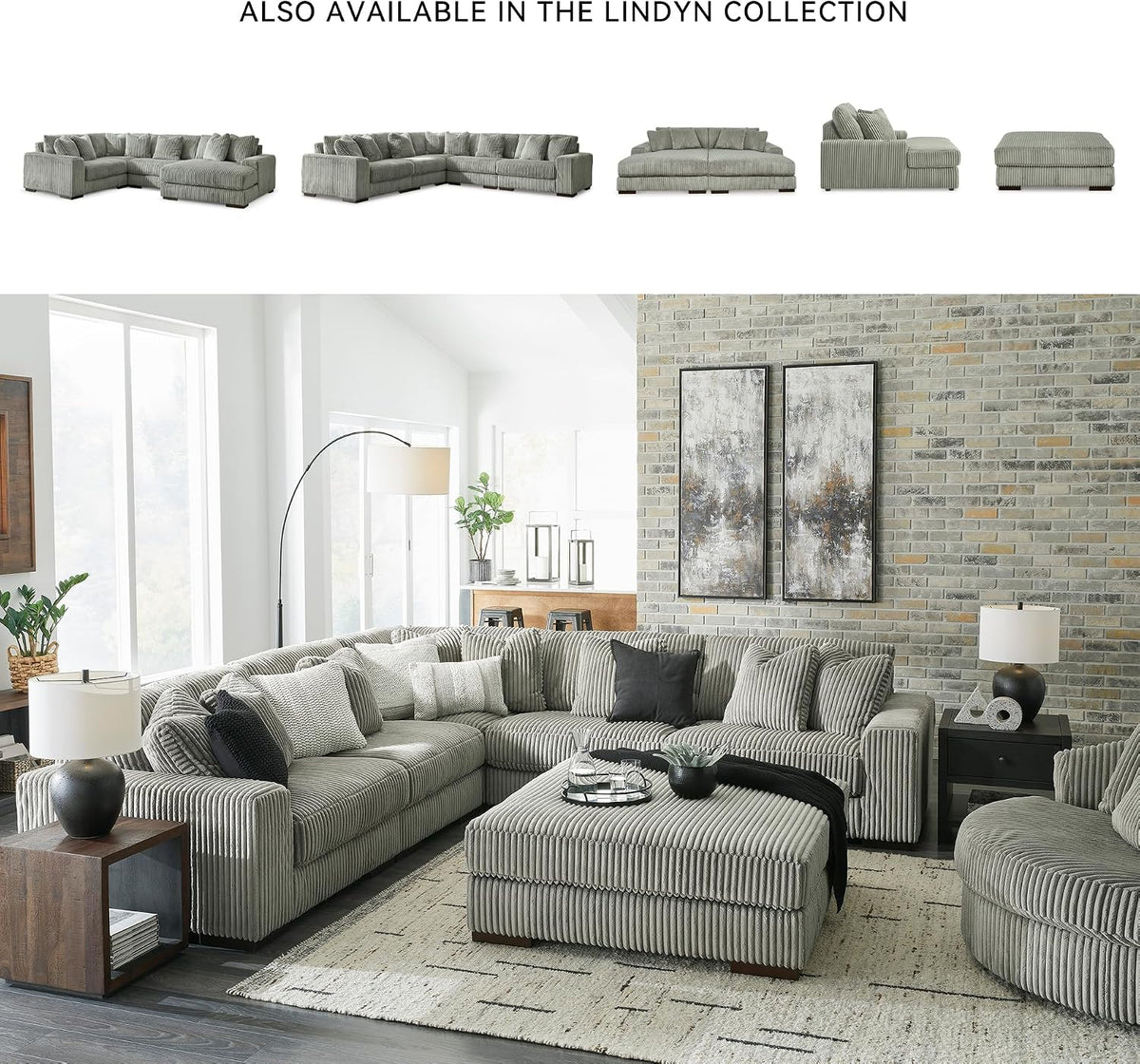 Signature Design by Ashley Lindyn Casual Chaise Lounge Chair Indoor, Oversized No Assembly with Reversible Cushions, USB Port & Cup Holders, Gray, 51" W x 64" D