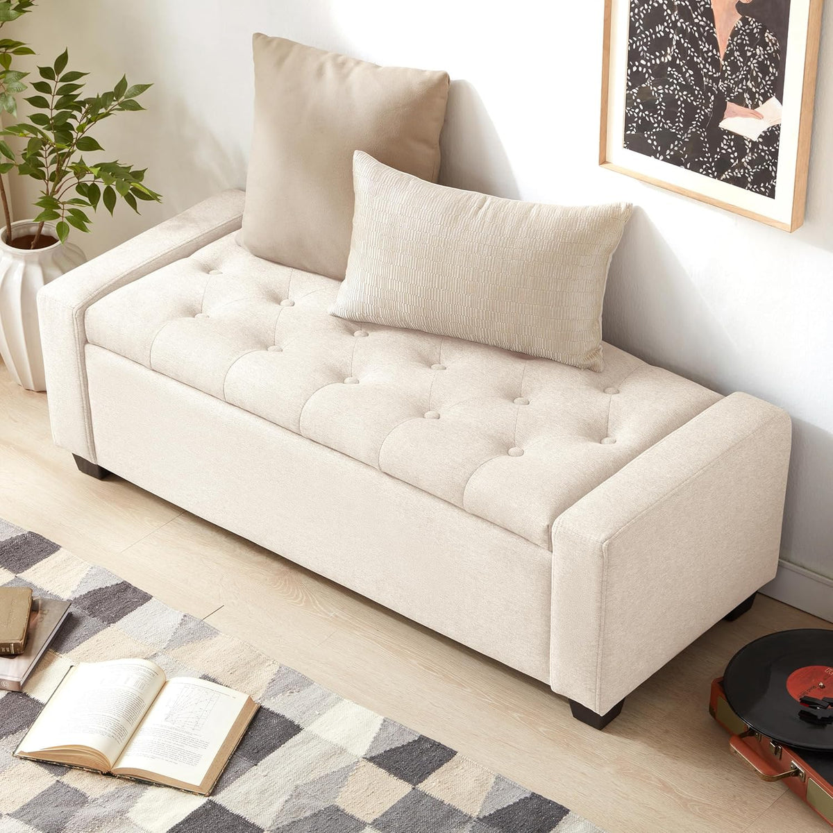 Huatean Home 48" Ottoman with Storage, Beige Storage Ottoman Bench