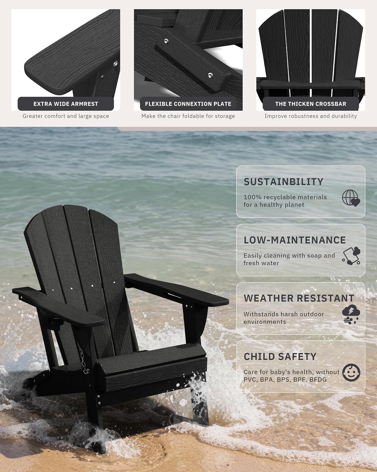 AreShark HDPE Folding Adirondack Chair with Cup Holder, Set of 2, Black
