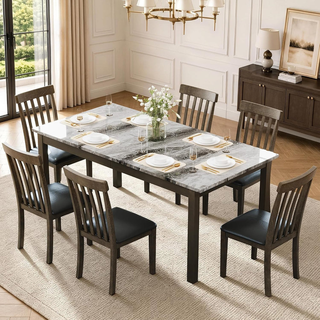 AMERLIFE 7-Piece Dining Table Set, 71" Faux Marble Modern Table, Dark Brown