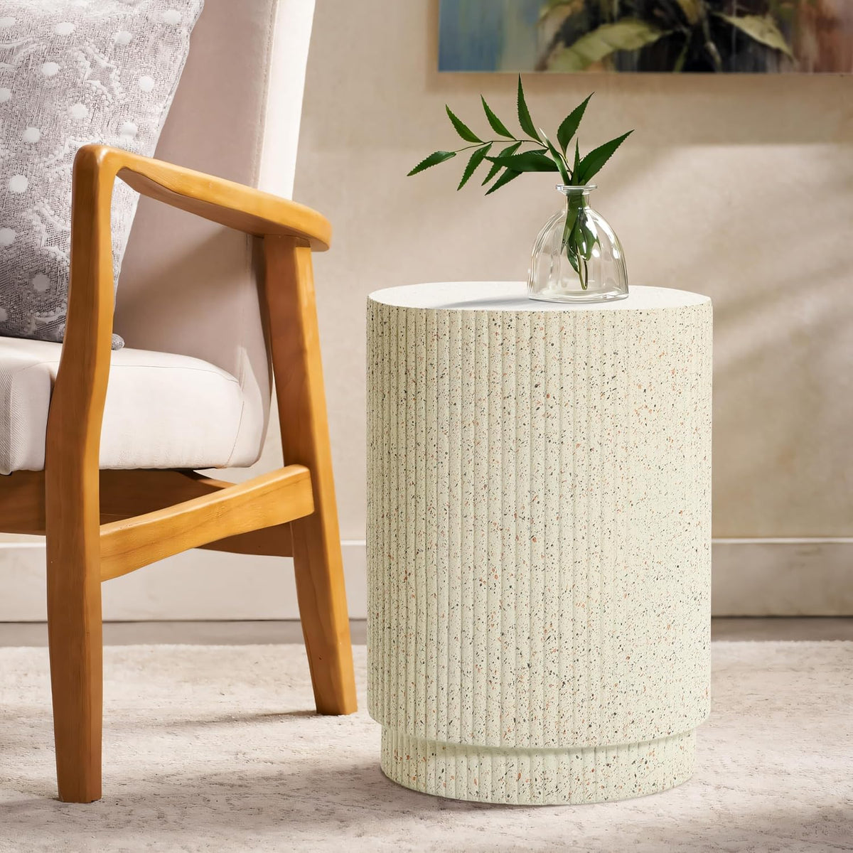 LuxenHome 18" Cement Outdoor Side Table, Cream Round End Tables for Patio