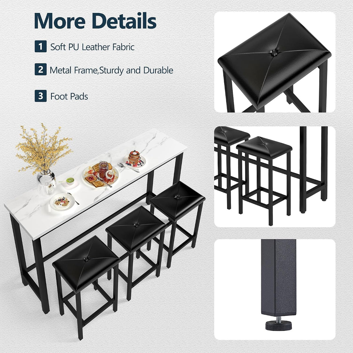 HUGROVE 4-Piece Bar Table and Chairs Set with 3 PU Upholstered Bar Stools, 60.2" Faux Marble Table Top, Modern Counter Height Table for Kitchen, Living Room, Party Room, Small Space, Pub (Black)