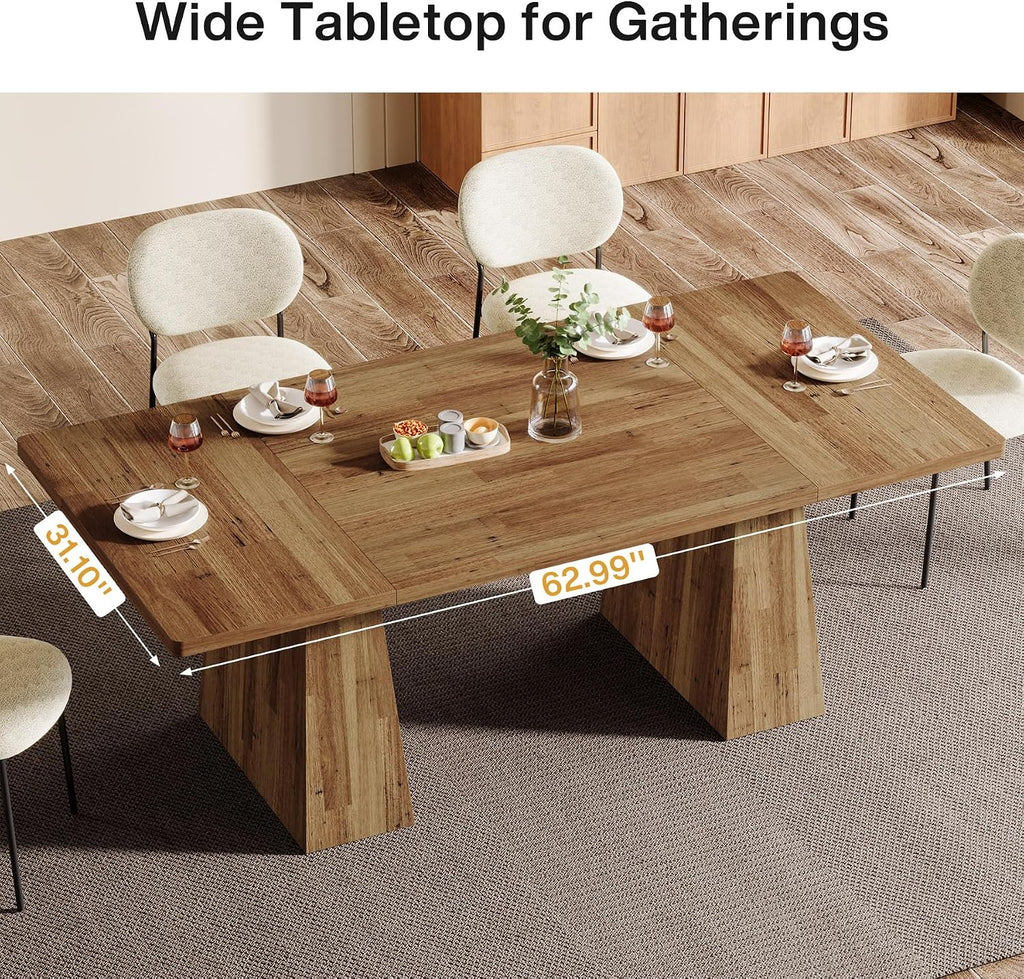 Tribesigns Dining Table for 6, Farmhouse Wood Dinner Rectangular Table Kitchen Table with Double Pedestal, 63" L x 31.5" W x 30" H, Light Brown
