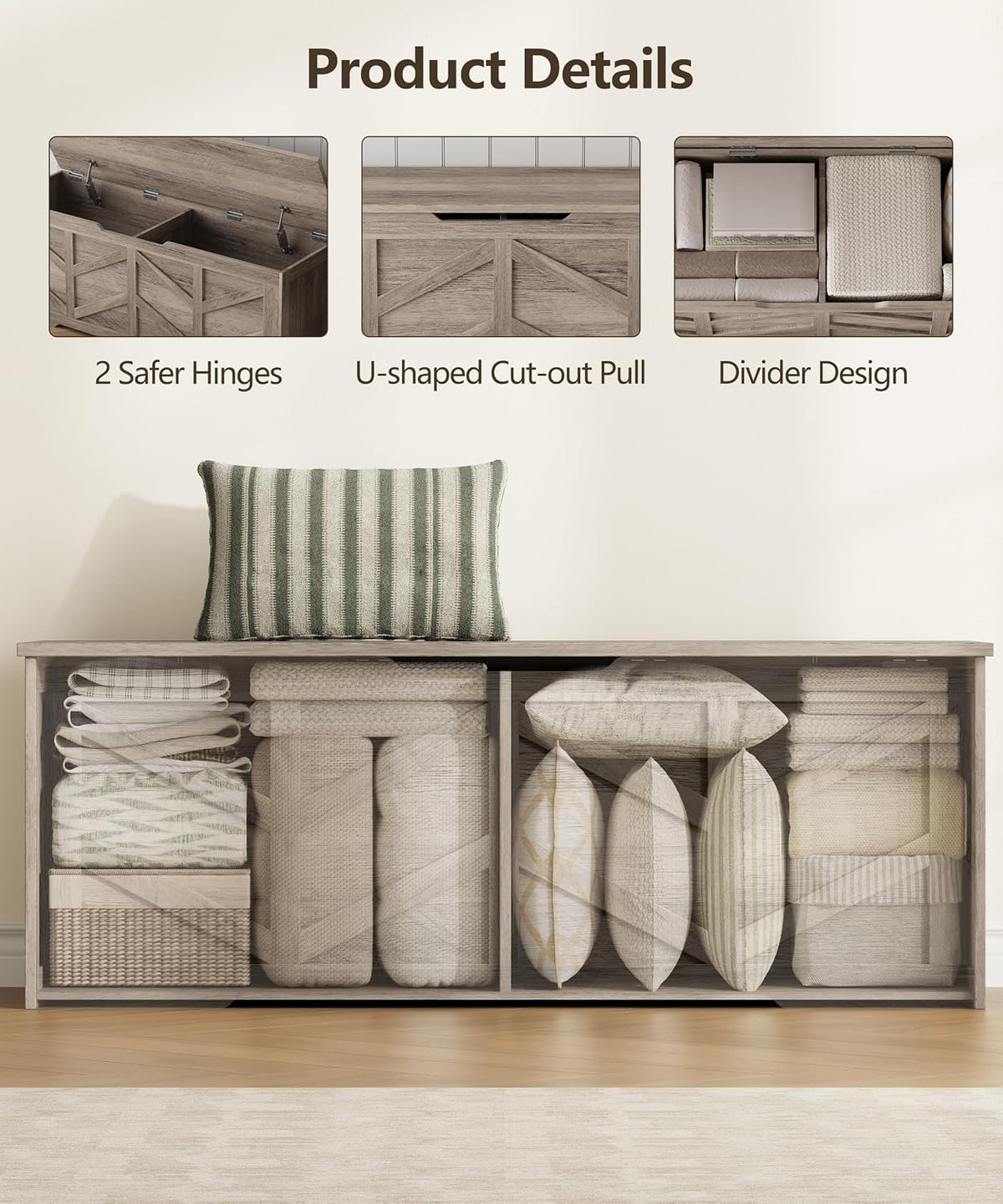 Extra Large Storage Chest, Storage Bench with 2 Safety Hinges