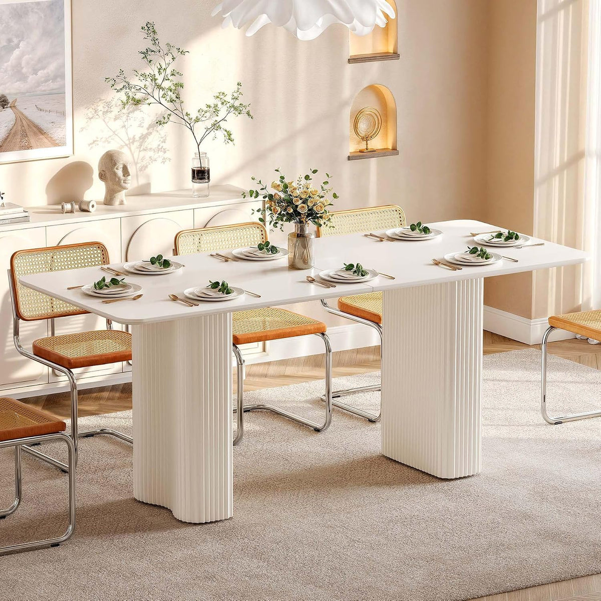YITAHOME 70.8" Modern Dining Table for 6-8, Cream White Curved Legs