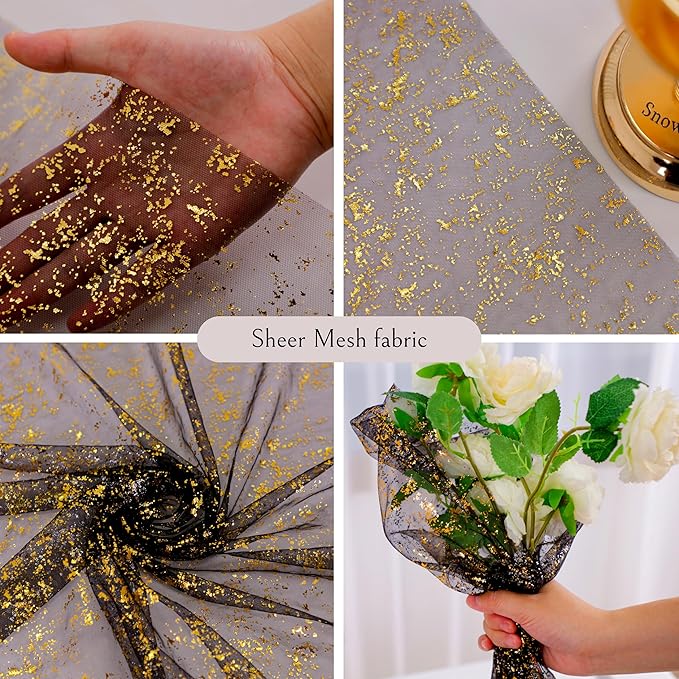 Snowkingdom 10 Pcs Black & Gold Cheesecloth Table Runner 10 FT, Sheer Chiffon Sparkle Gauze Mesh Runners 120 Inch, Glitter Table Centerpieces Decoration for Birthday Party Wedding Christmas Halloween
