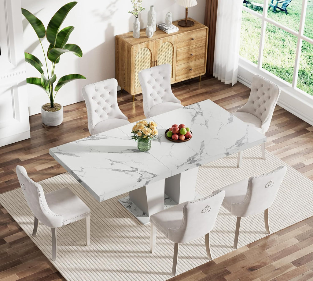 63"-78.74" White Faux Marble Extendable Dining Room Table Set for 6, 7-Piece Dining Table Set with 6 Chairs, Rectangle Wooden Expanding Kitchen Table and Beige Upholstered Chairs Set