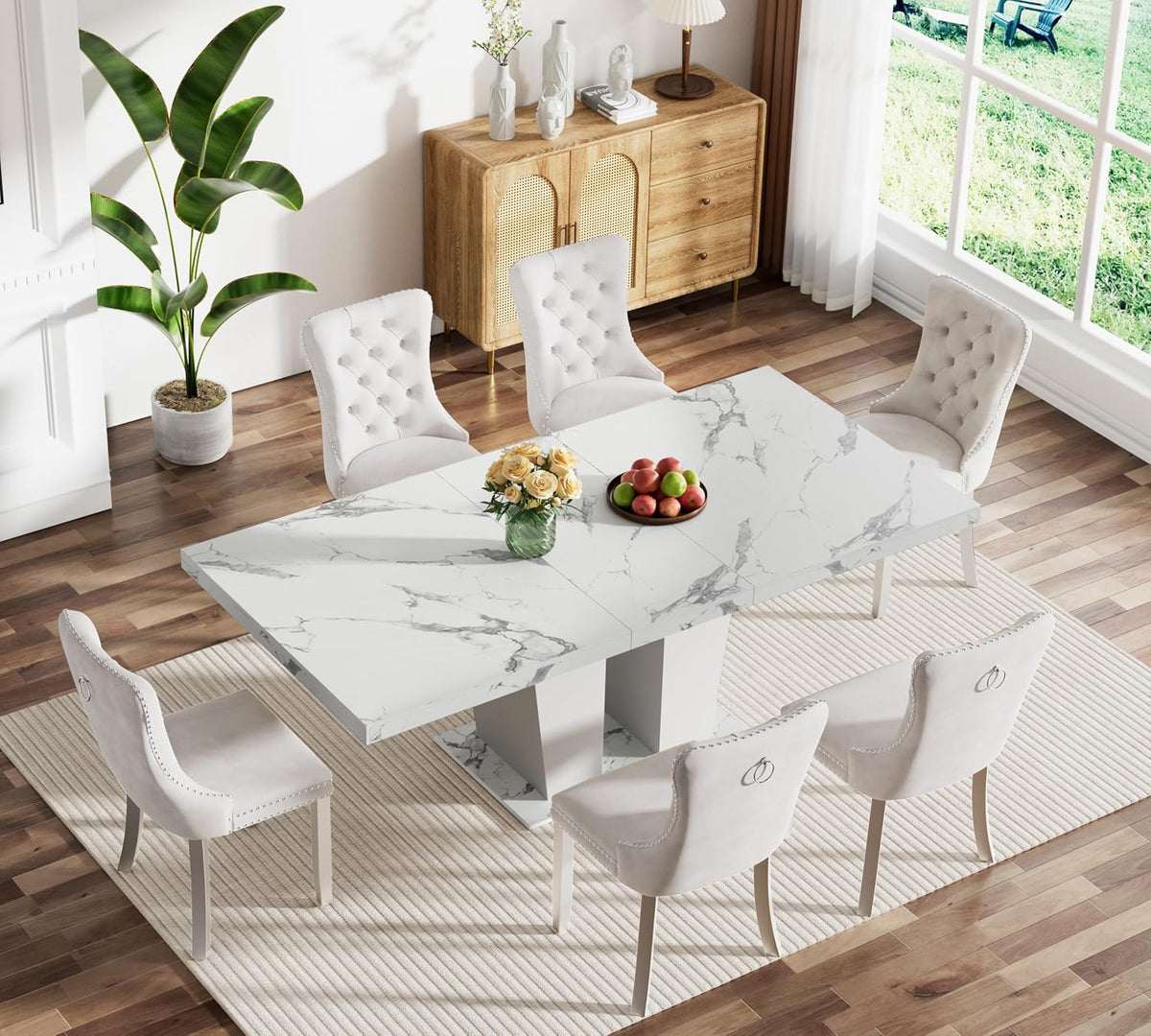 63"-78.74" White Faux Marble Extendable Dining Room Table Set for 6, 7-Piece Dining Table Set with 6 Chairs, Rectangle Wooden Expanding Kitchen Table and Beige Upholstered Chairs Set
