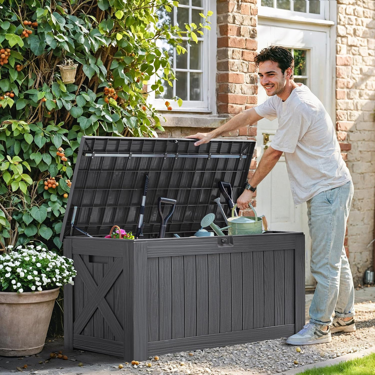 Greesum 120 Gallon Deck Box, Resin Outdoor Storage Container, Gray