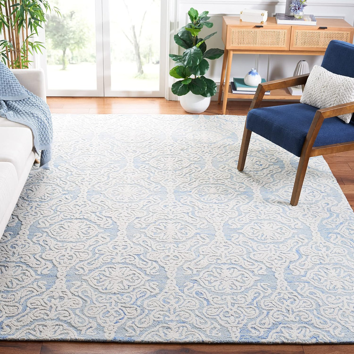 SAFAVIEH Blossom Collection Area Rug - 10' x 14', Blue & Ivory, Handmade Wool, Ideal for High Traffic Areas in Living Room, Bedroom (BLM112M)