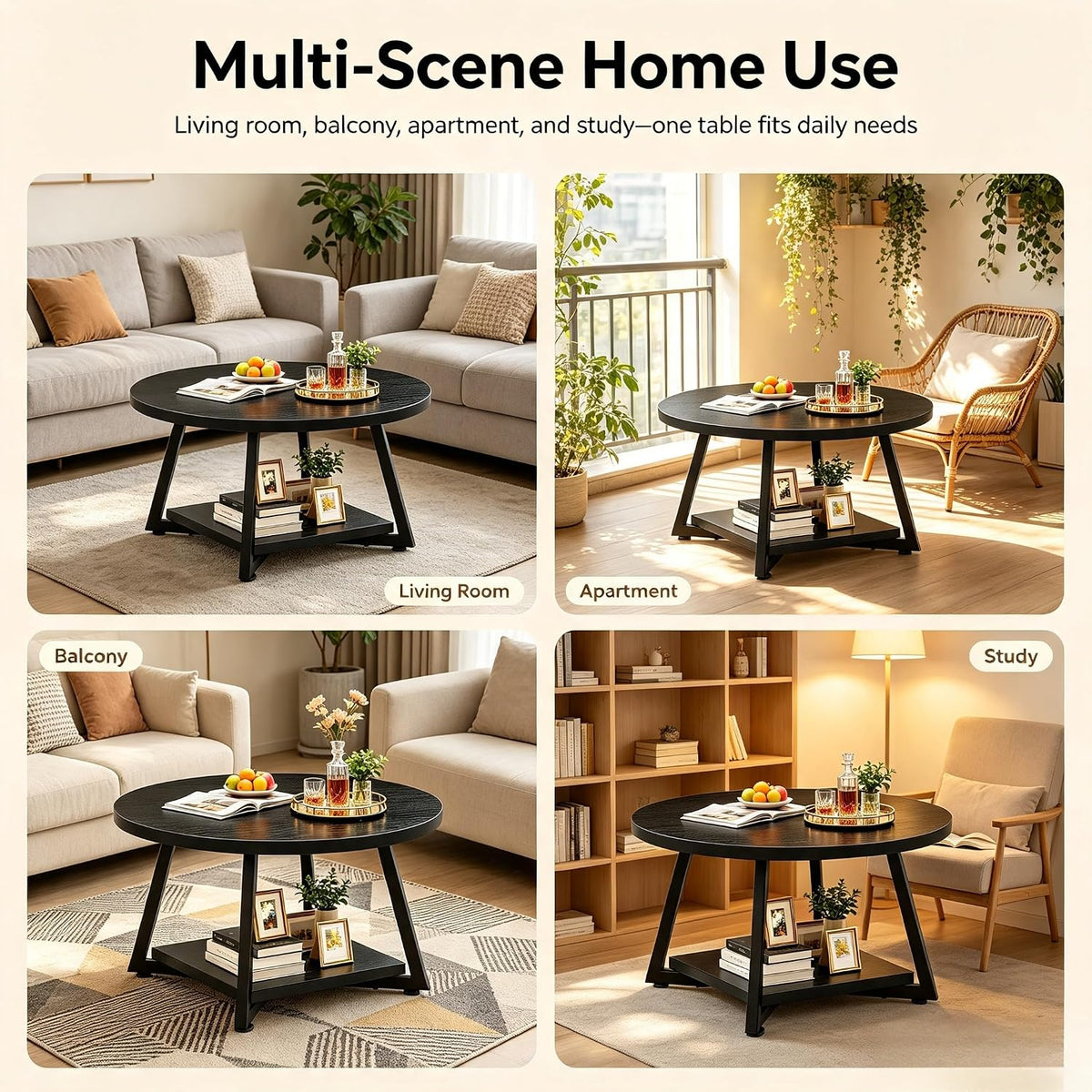 Coffee Tables for Living Room, 27.6" Round Coffee Table, Black Coffee Table