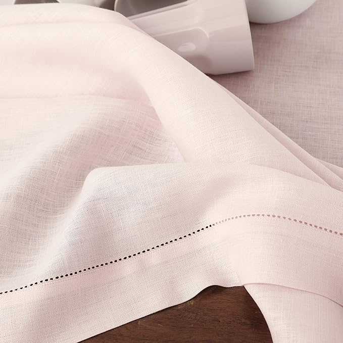 Solino Home Linen Tablecloth 60 x 108 Inch - Classic Hemstitch 100% Pure Linen Pink Table Cloth for Rectangle Tables - Machine Washable Tablecloth for Halloween