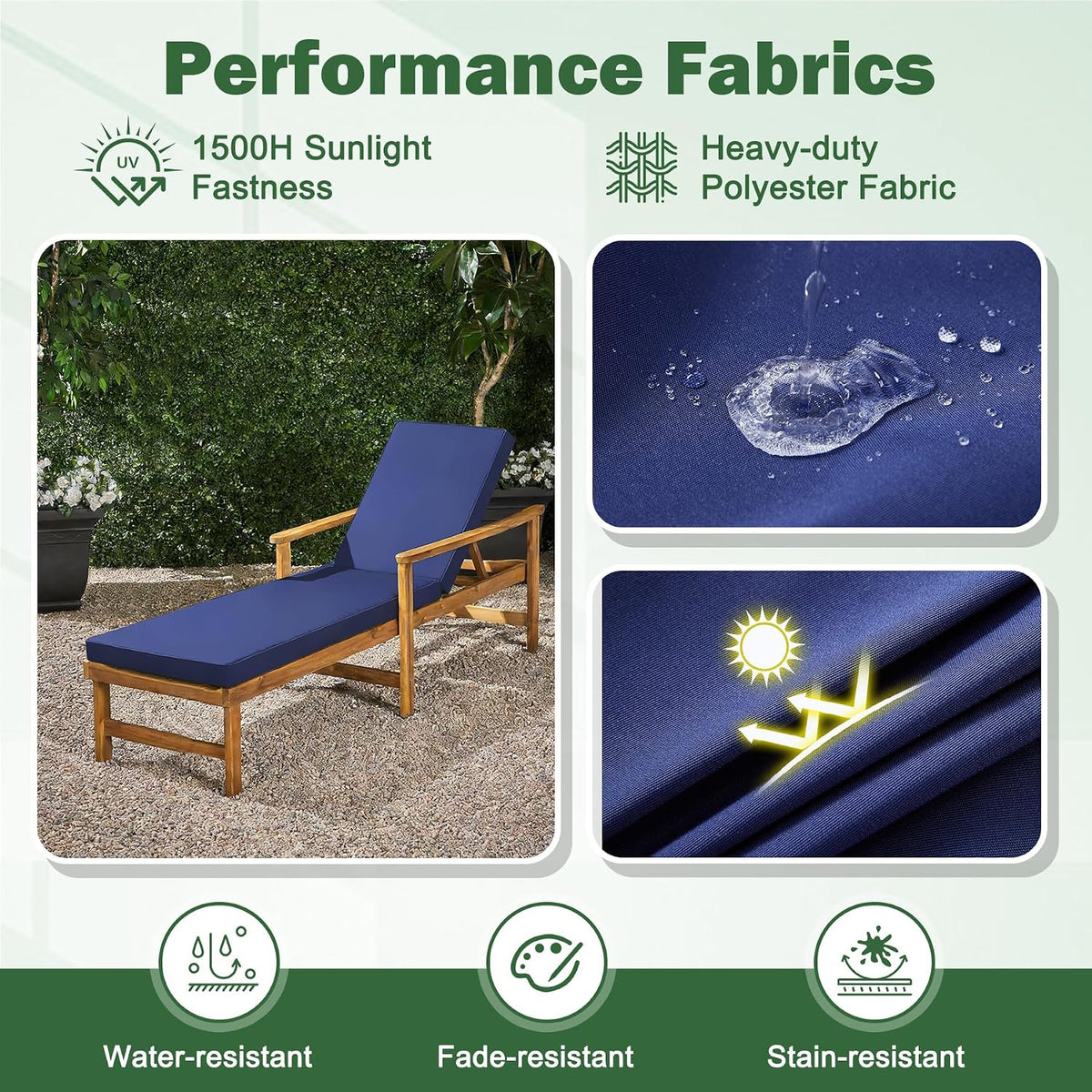 2 Pcs Chaise Lounge Cushions Outdoor, 72x 21x 3 Inch Waterproof & Fade-Resistant Lounge Chair Cushion, Outdoor Chaise Cushion with Ties for Lawn, Patio, Pool & Beach, Navy Blue