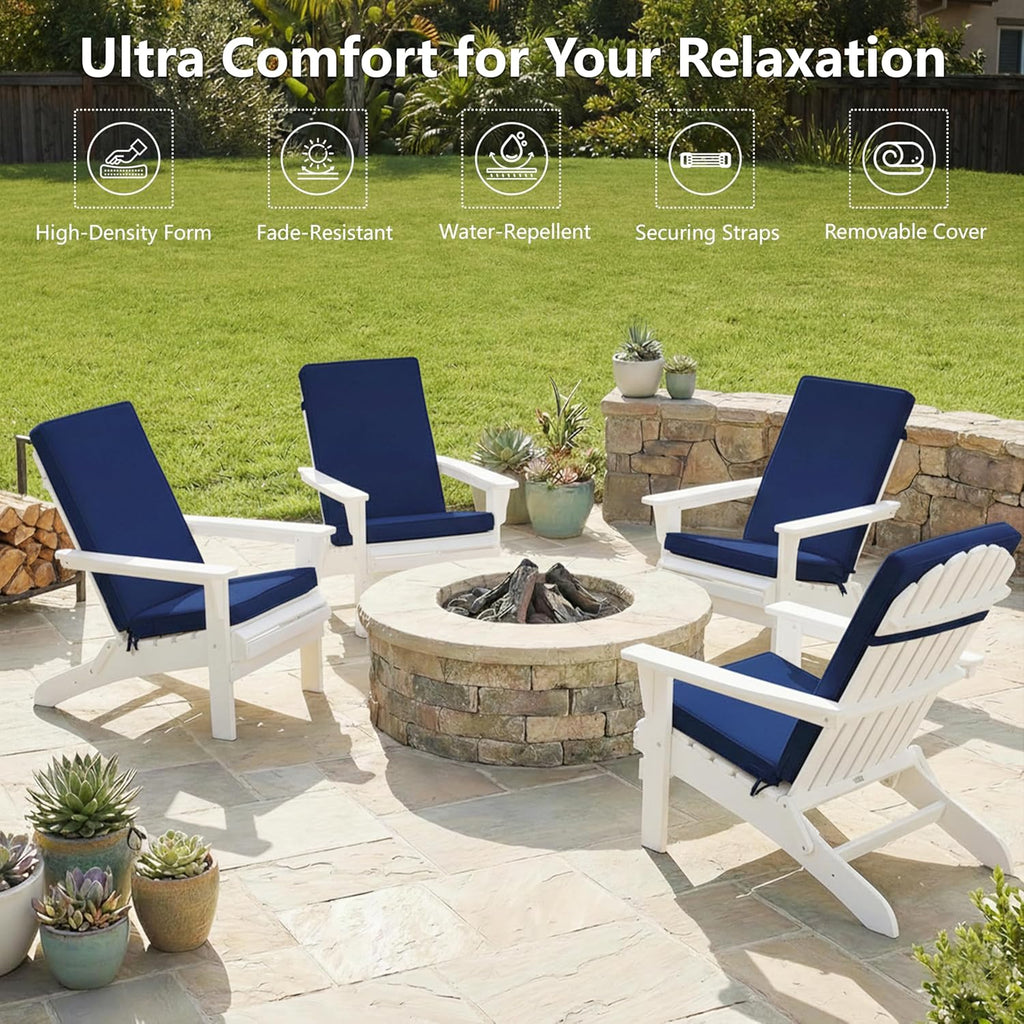 Outdoor Adirondack Chair Cushions Set of 4 - Removable Covers, Water-Repellent, Fade-Resistant, Non-Slip Bottom & Securing Straps, Universal Fit for Most Adirondack & Rocking Chairs - Navy
