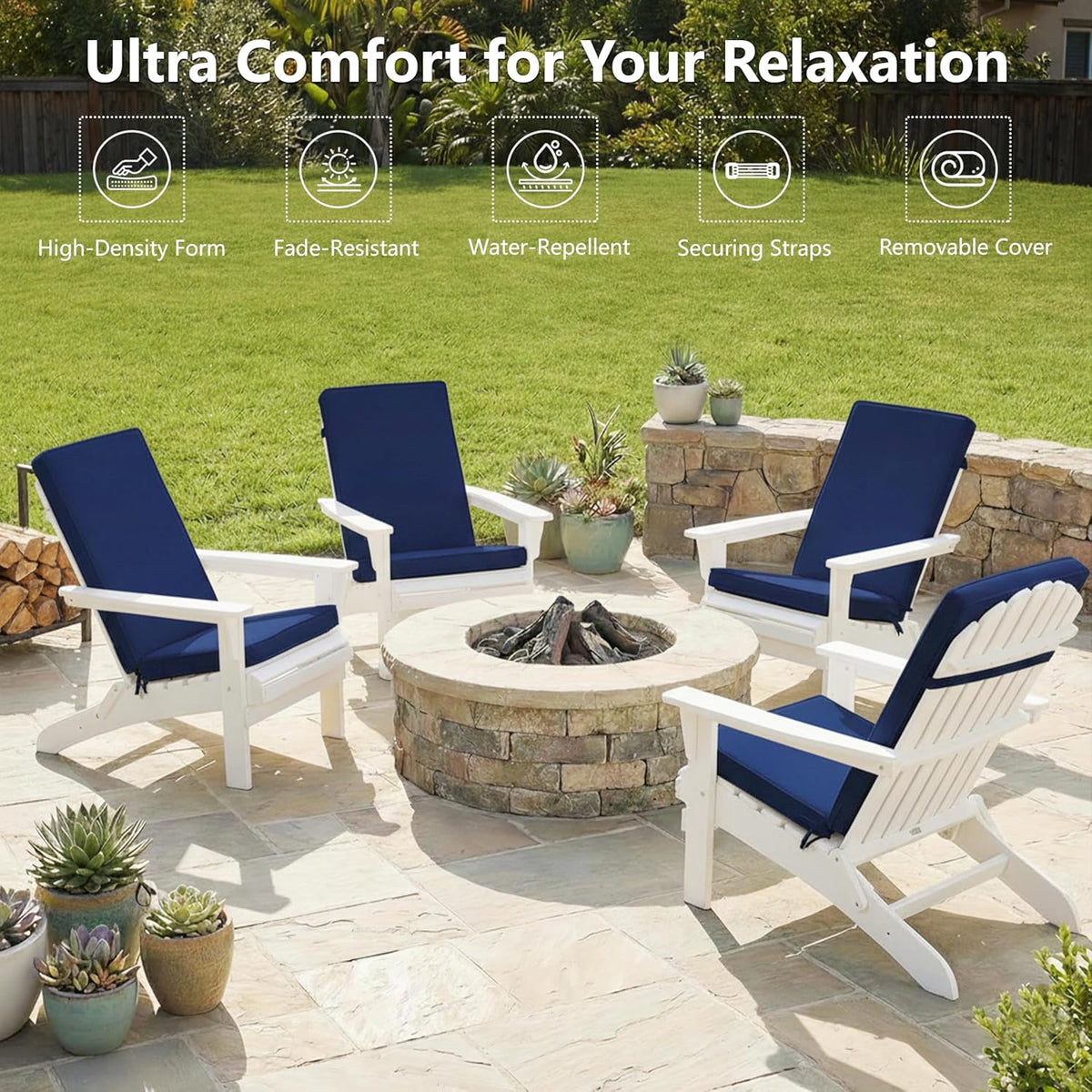 Outdoor Adirondack Chair Cushions Set of 4 - Removable Covers, Water-Repellent, Fade-Resistant, Non-Slip Bottom & Securing Straps, Universal Fit for Most Adirondack & Rocking Chairs - Navy