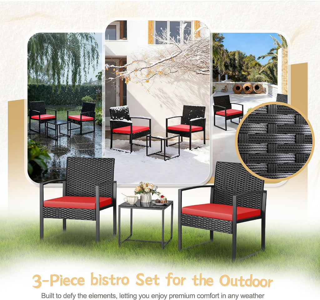 Greesum 3 Piece Wicker Conversation Bistro Sets Outdoor Patio Set(Red)