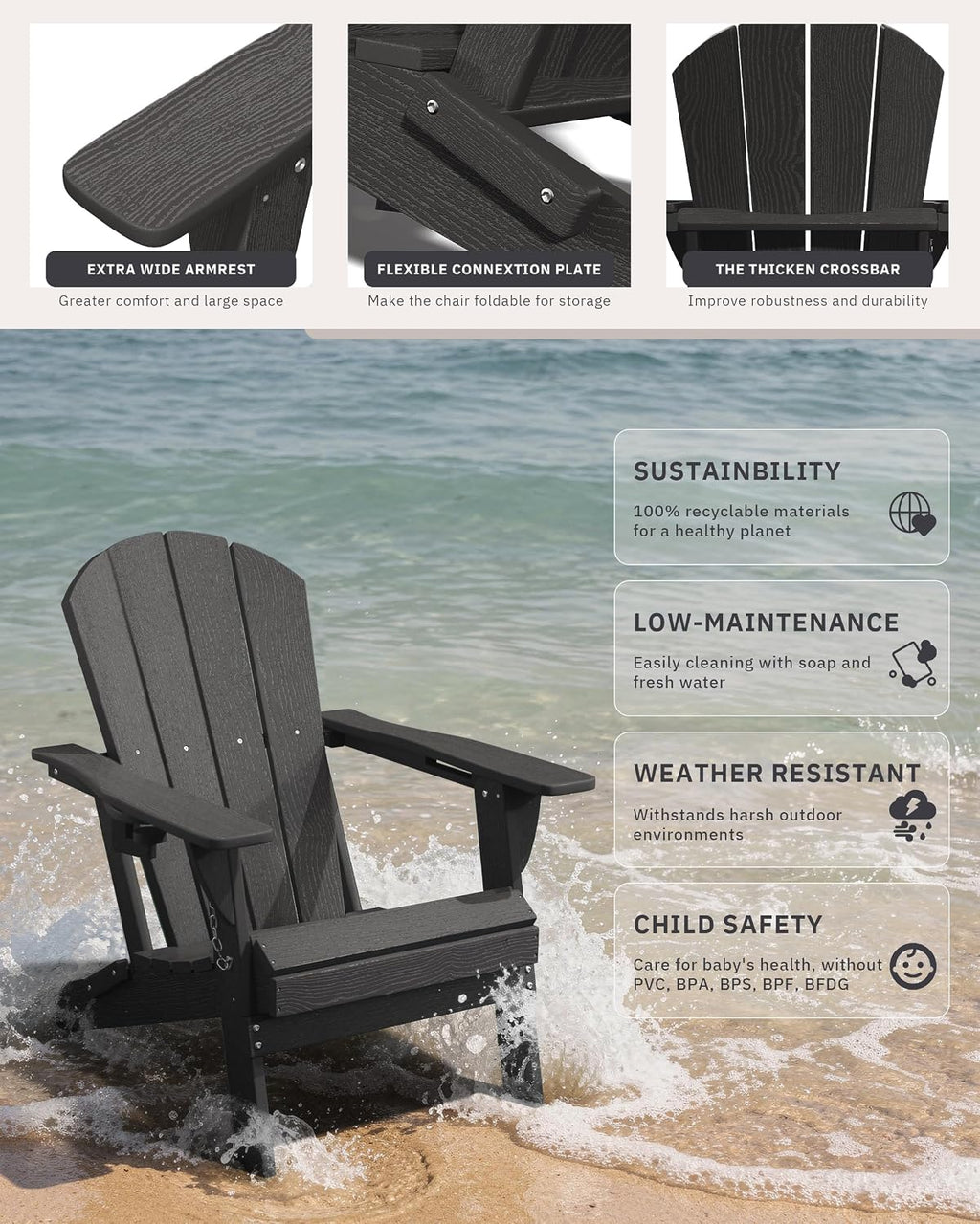 AreShark HDPE Folding Adirondack Chair with Cup Holder, Set of 2, Gray