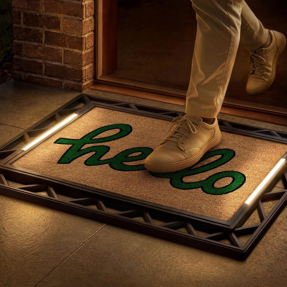 Anji Mountain BriteStep LED Doormat, 38x26.5in Pressure Activated Welcome Mat, All-Weather Front Door Mat, 18x30 Swappable Coir Insert, Wireless 3AA, Auto Shut-Off, Non-Slip Rubber Backing